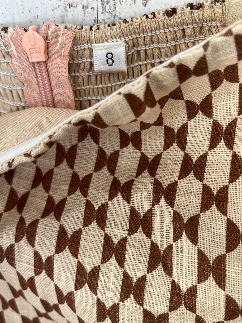 DISSH Geometric Print Strapless Mini Dress Brown Beige Size 8 - Image 3