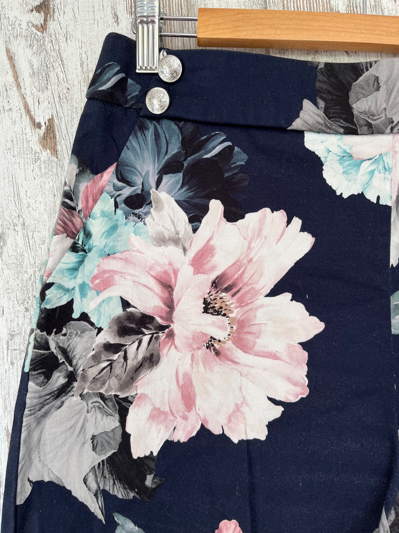 Portmans Navy Floral High-Waisted Shorts with Decorative Buttons Size 14 - Image 3