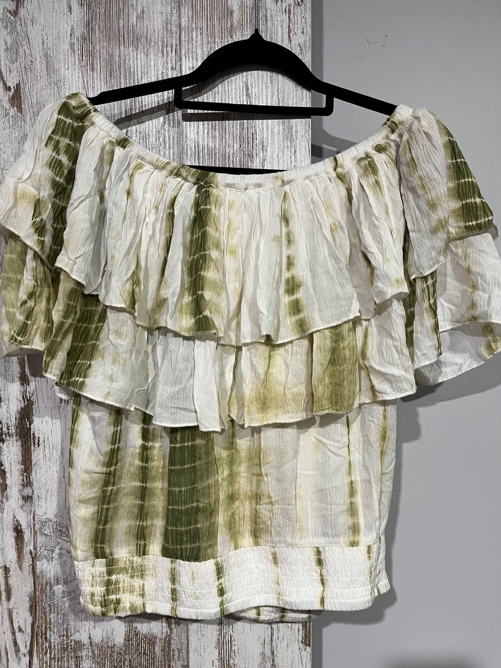 Talisman Road Trip Off-The-Shoulder Ruffle Top Olive Tie Dye Size S - Image 3