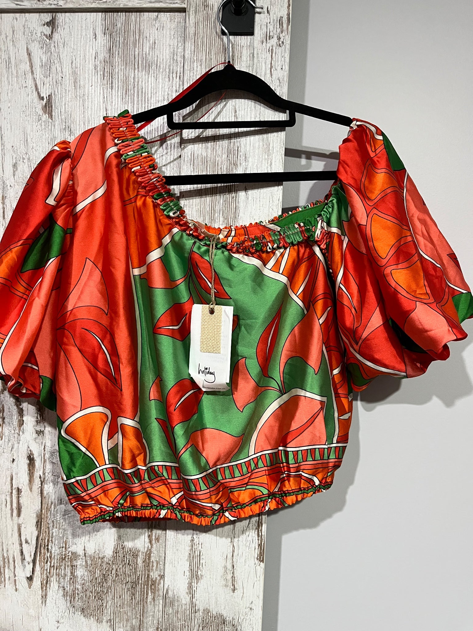 holiday Blossom Top Rainforest Satin Off-Shoulder Puff Sleeve Crop L - Image 3