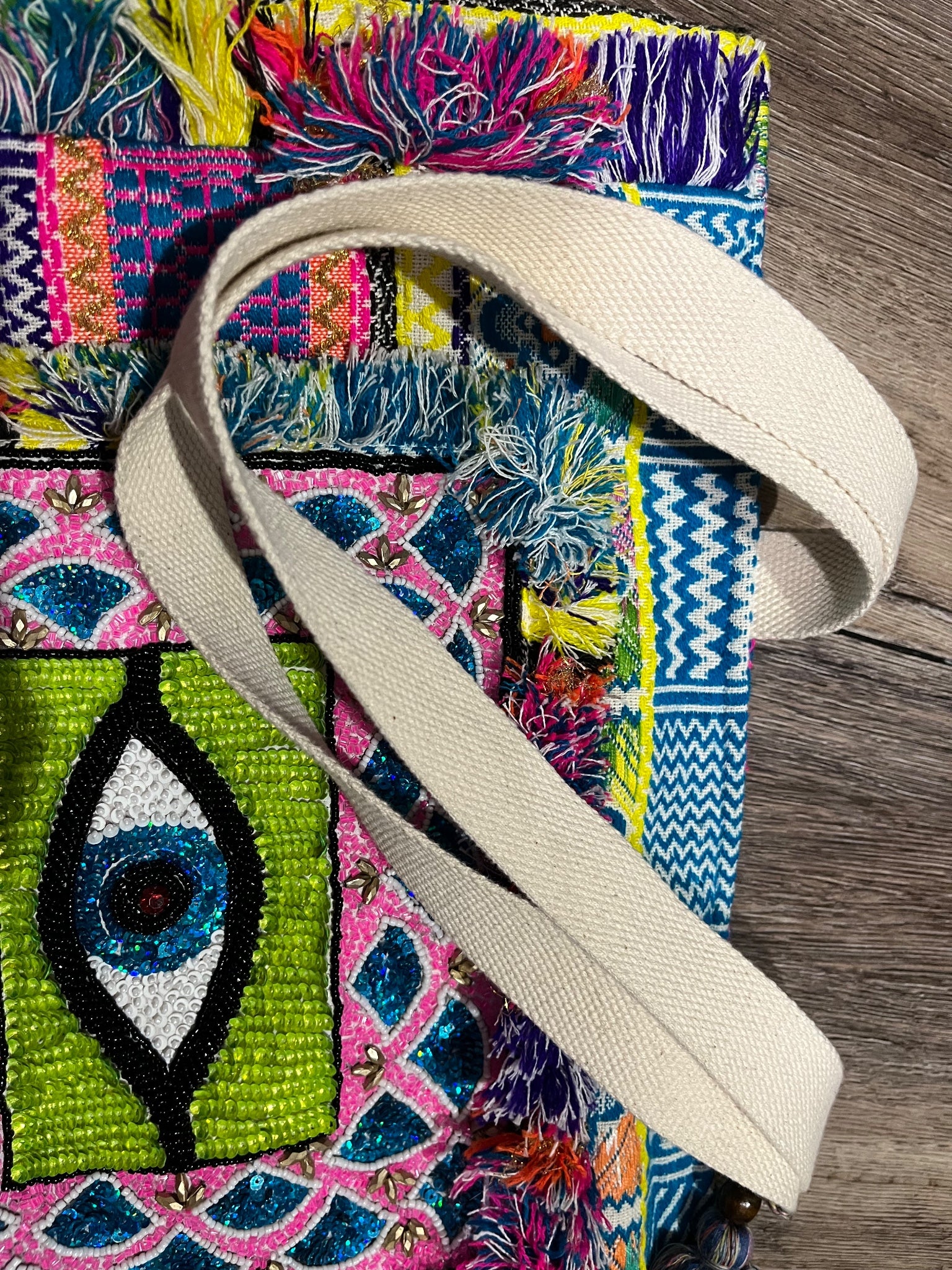Boho Beaded Evil Eye Patchwork Tote Bag With Fringe - Image 3