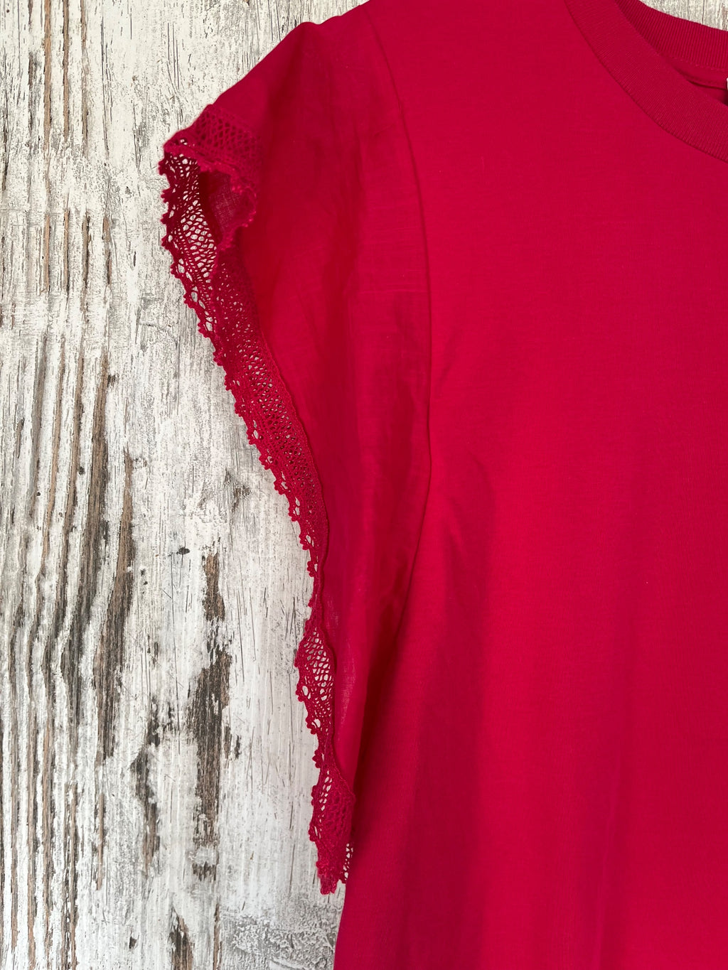 Witchery Red Cotton Flutter Sleeve Blouse With Lace Trim - Image 3