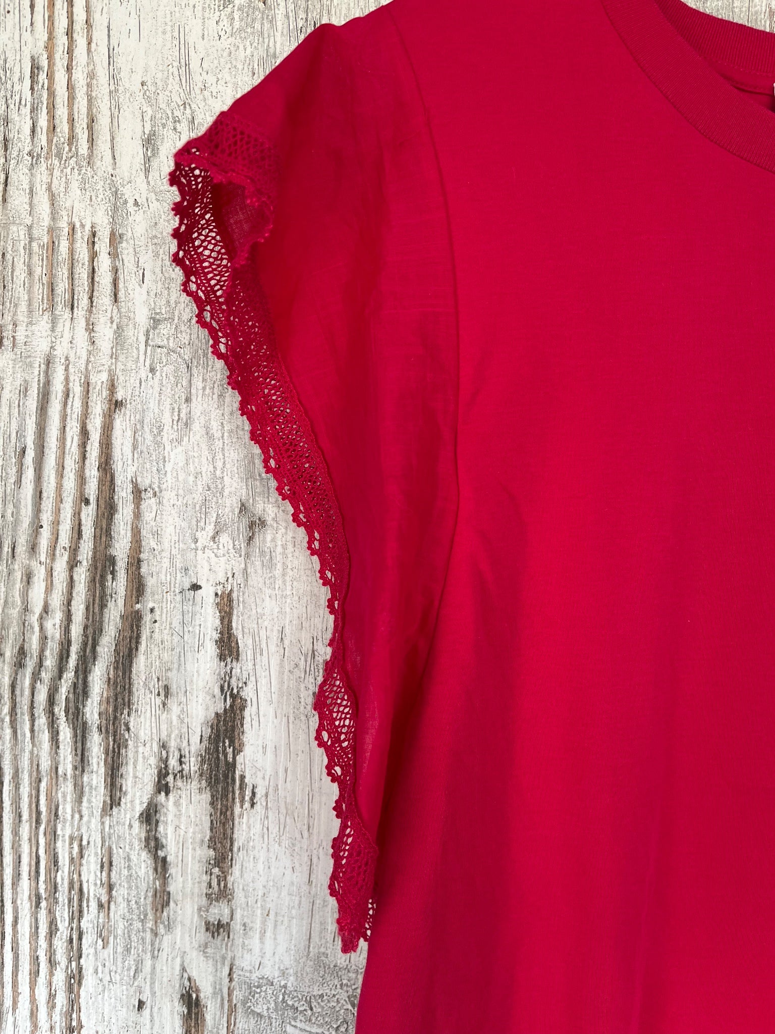 Witchery Red Cotton Flutter Sleeve Blouse With Lace Trim - Image 3