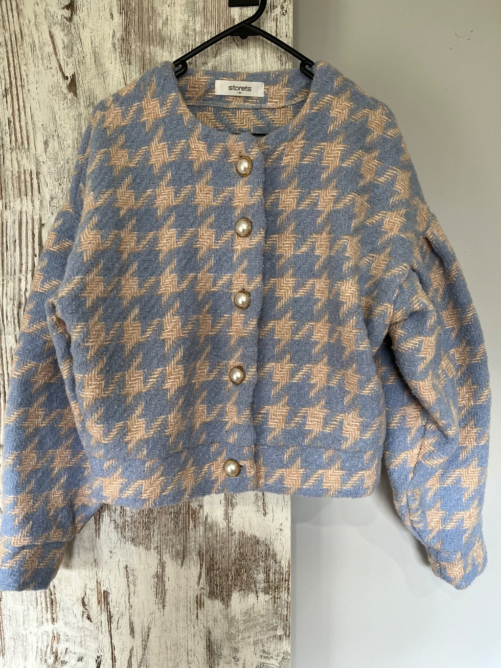 Storets Blue and Beige Houndstooth Cropped Jacket Size M - Image 3