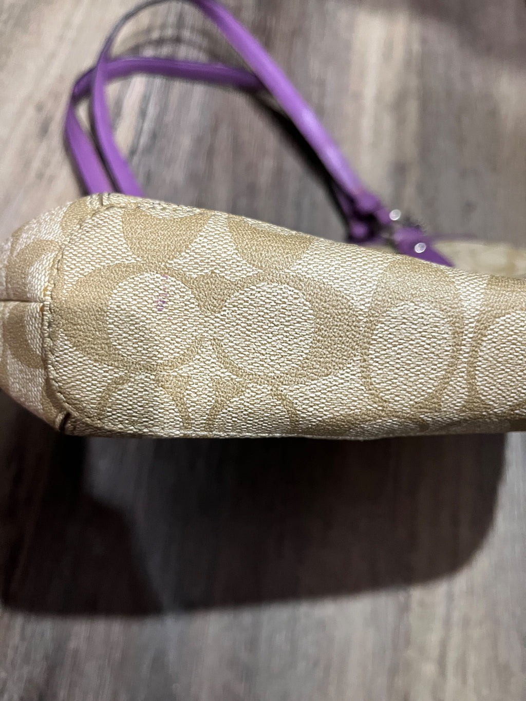 Coach Signature C Tote Bag Beige Purple Leather Trim - Image 3