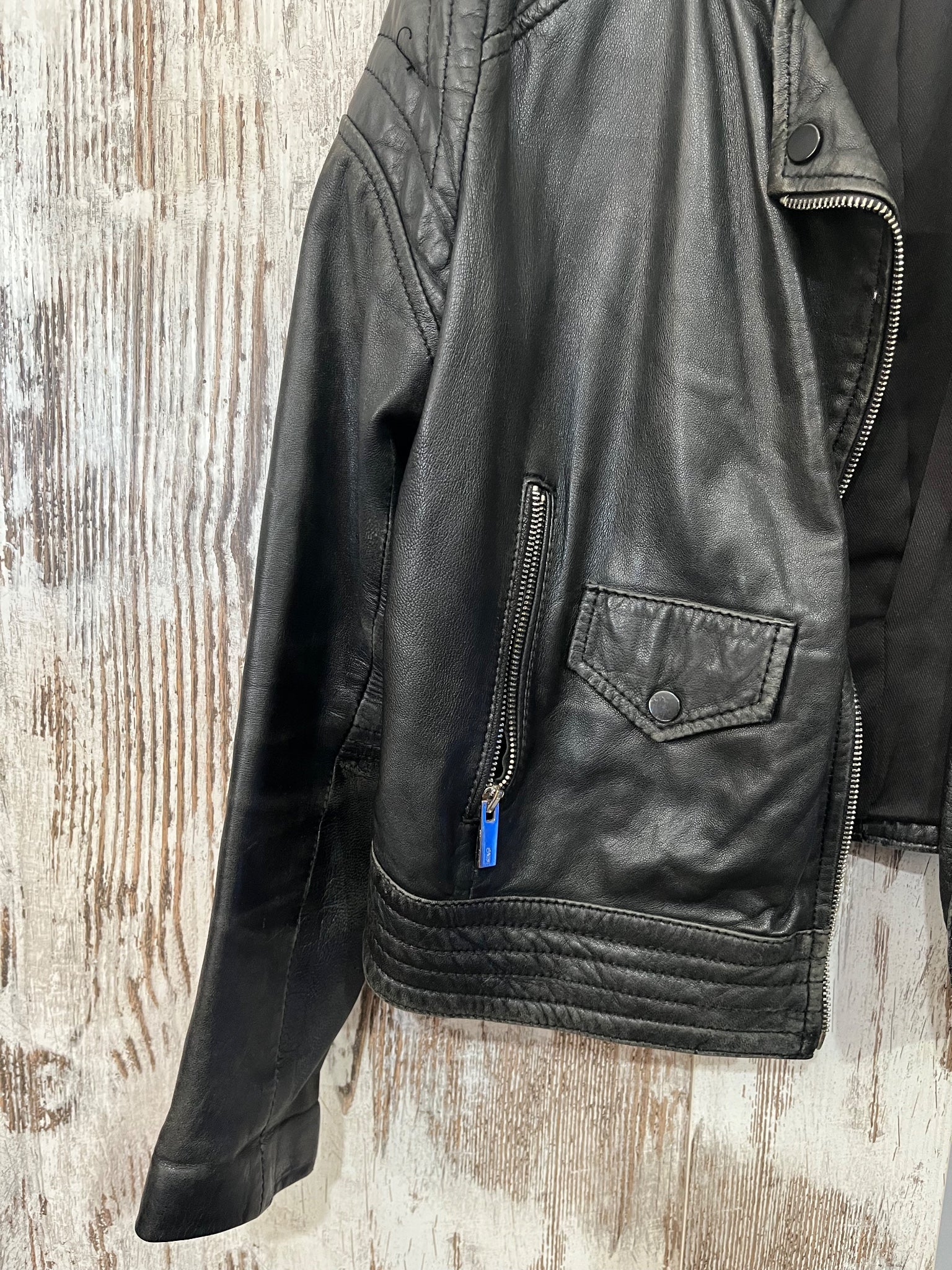 Mango Genuine Leather Biker Jacket Black - Image 3