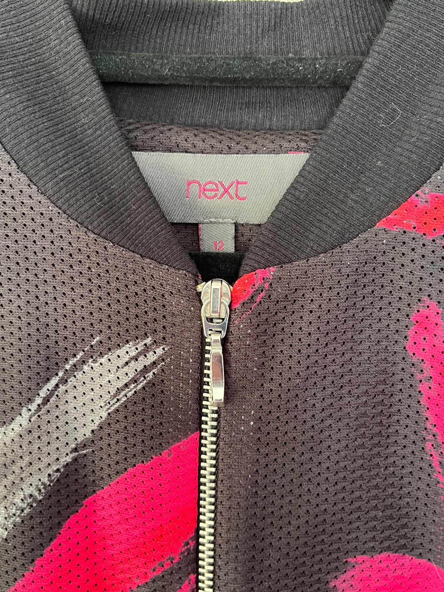 Next Black Pink Floral Perforated Bomber Jacket Size 12 - Image 3