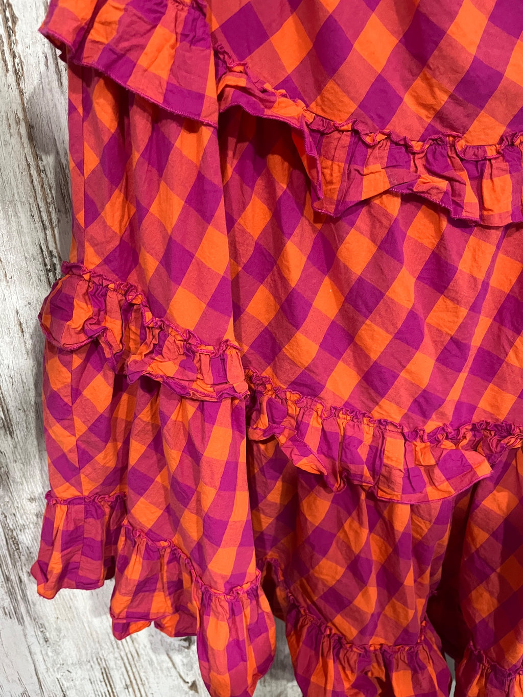 Gorman Pink & Orange Gingham One-Shoulder Tiered Mini Dress Size 12 - Image 3