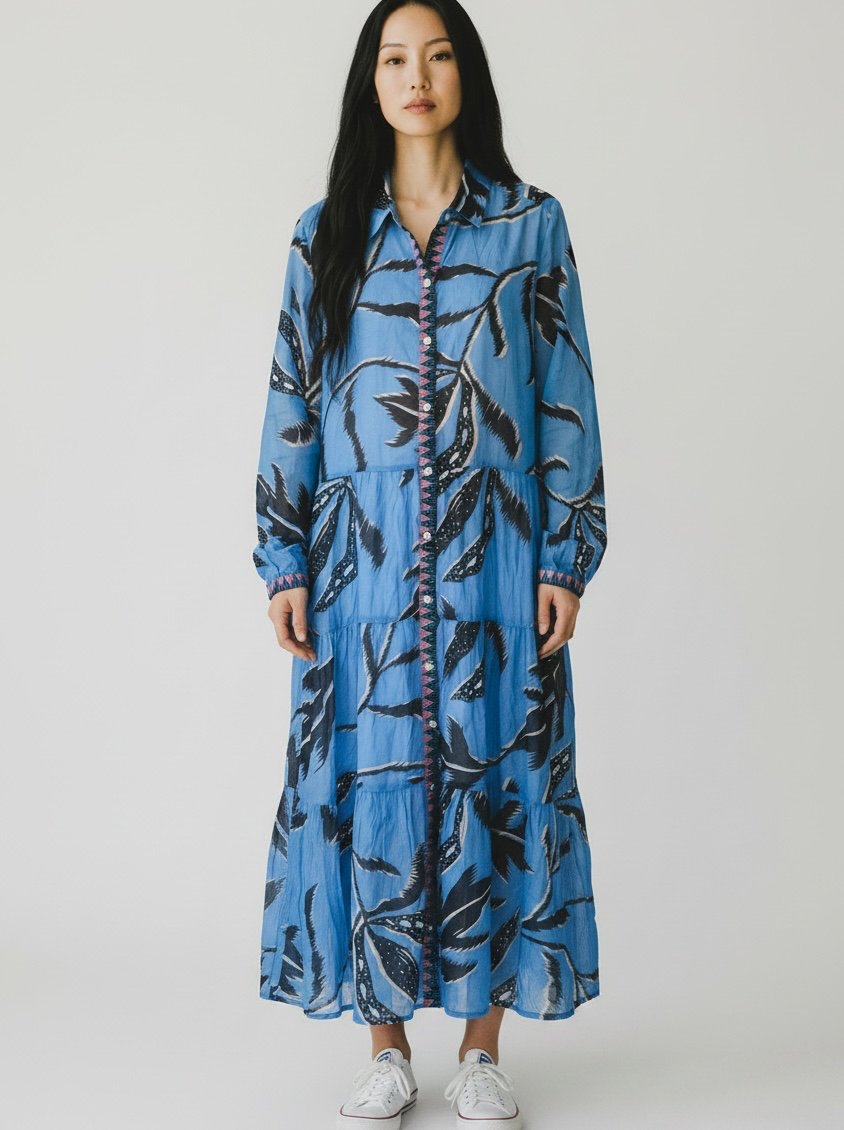 Gordon Smith Blue Tropical Tapestry Tiered Shirt Dress