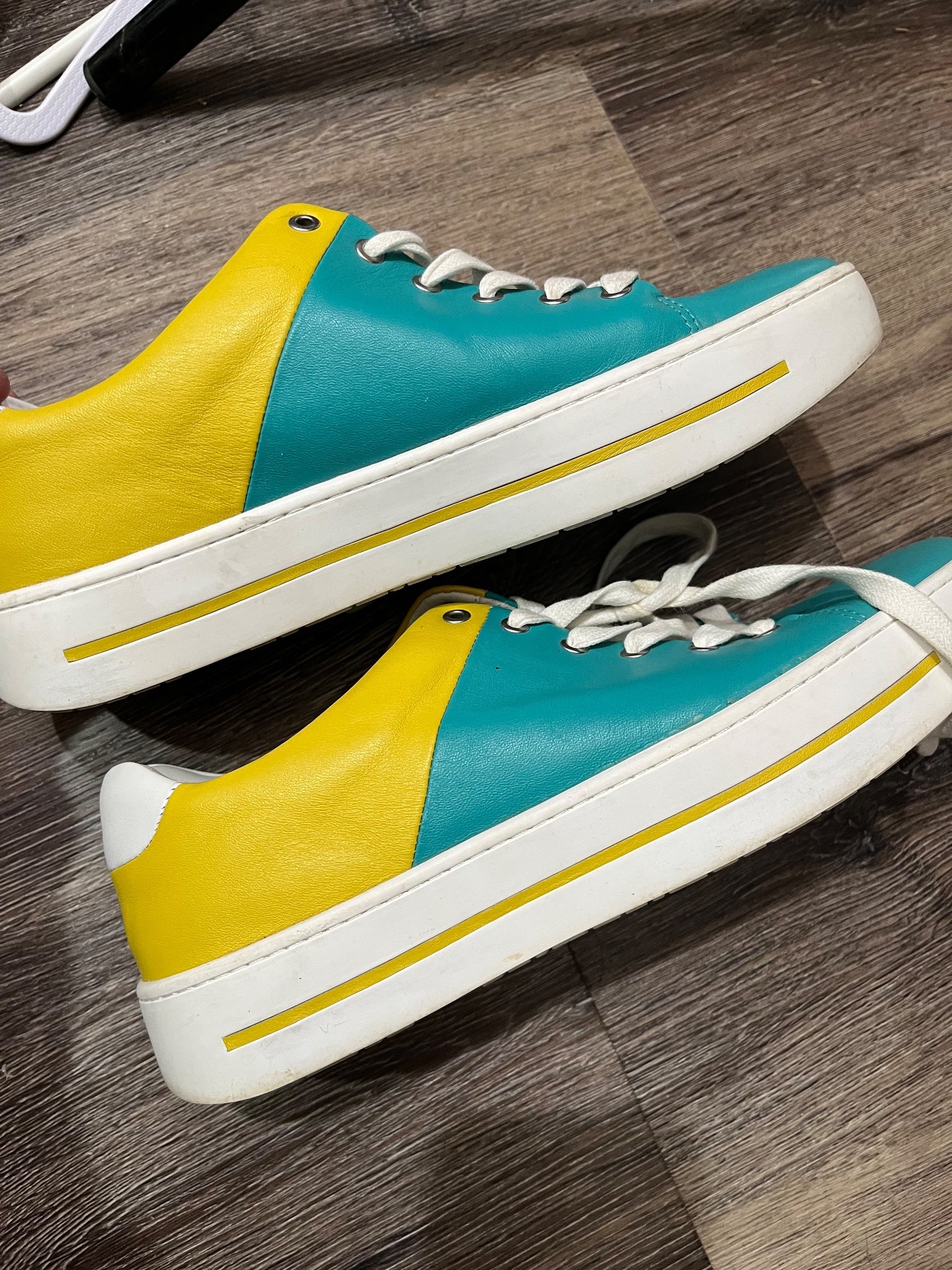 Shoes of Prey Custom Teal and Yellow Leather Sneakers - Image 4
