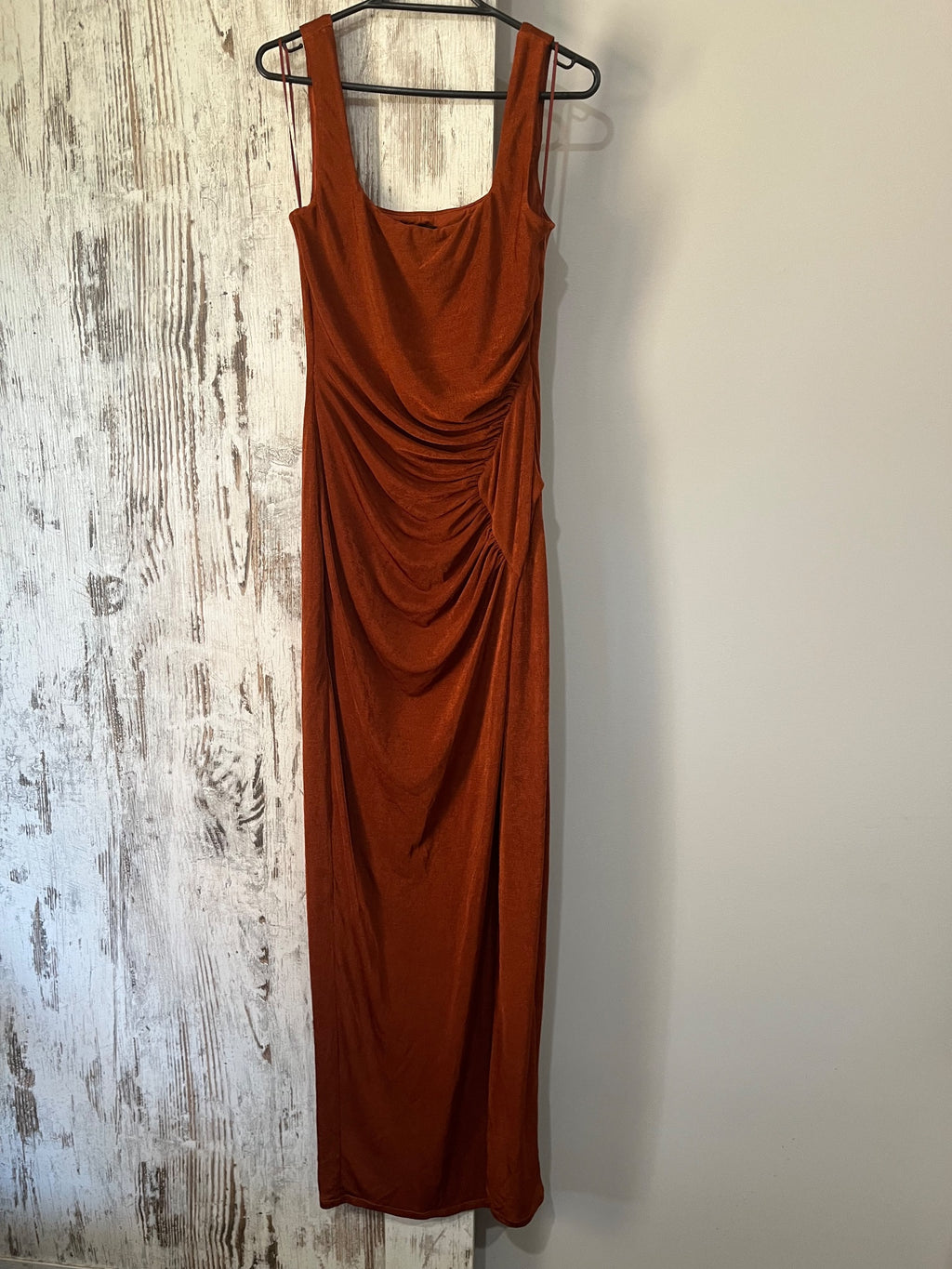 BWLDR Rust Orange Square Neck Ruched Maxi Dress - Image 4