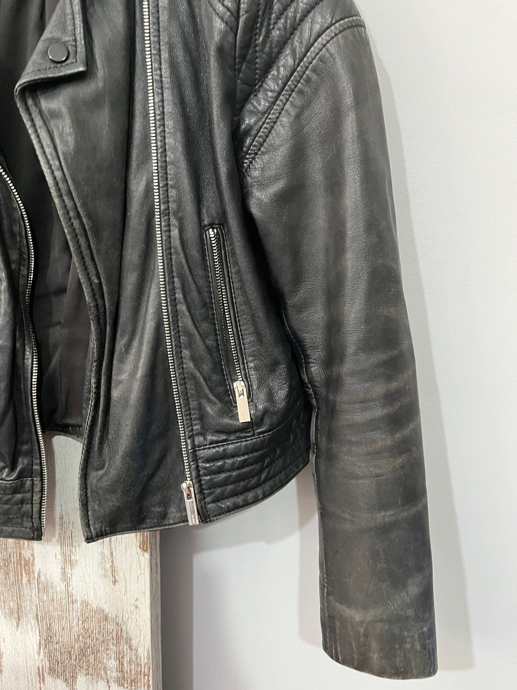 Mango Genuine Leather Biker Jacket Black - Image 4