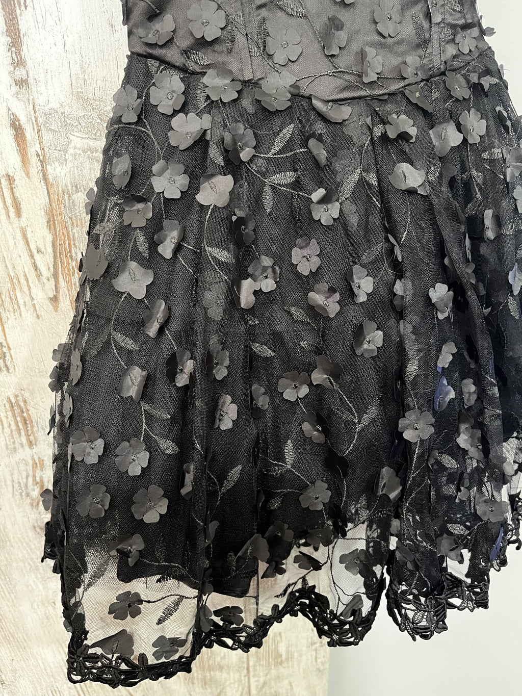 AURETTA Black 3D Floral Applique Corset Mini Dress With Tie Straps - Image 4
