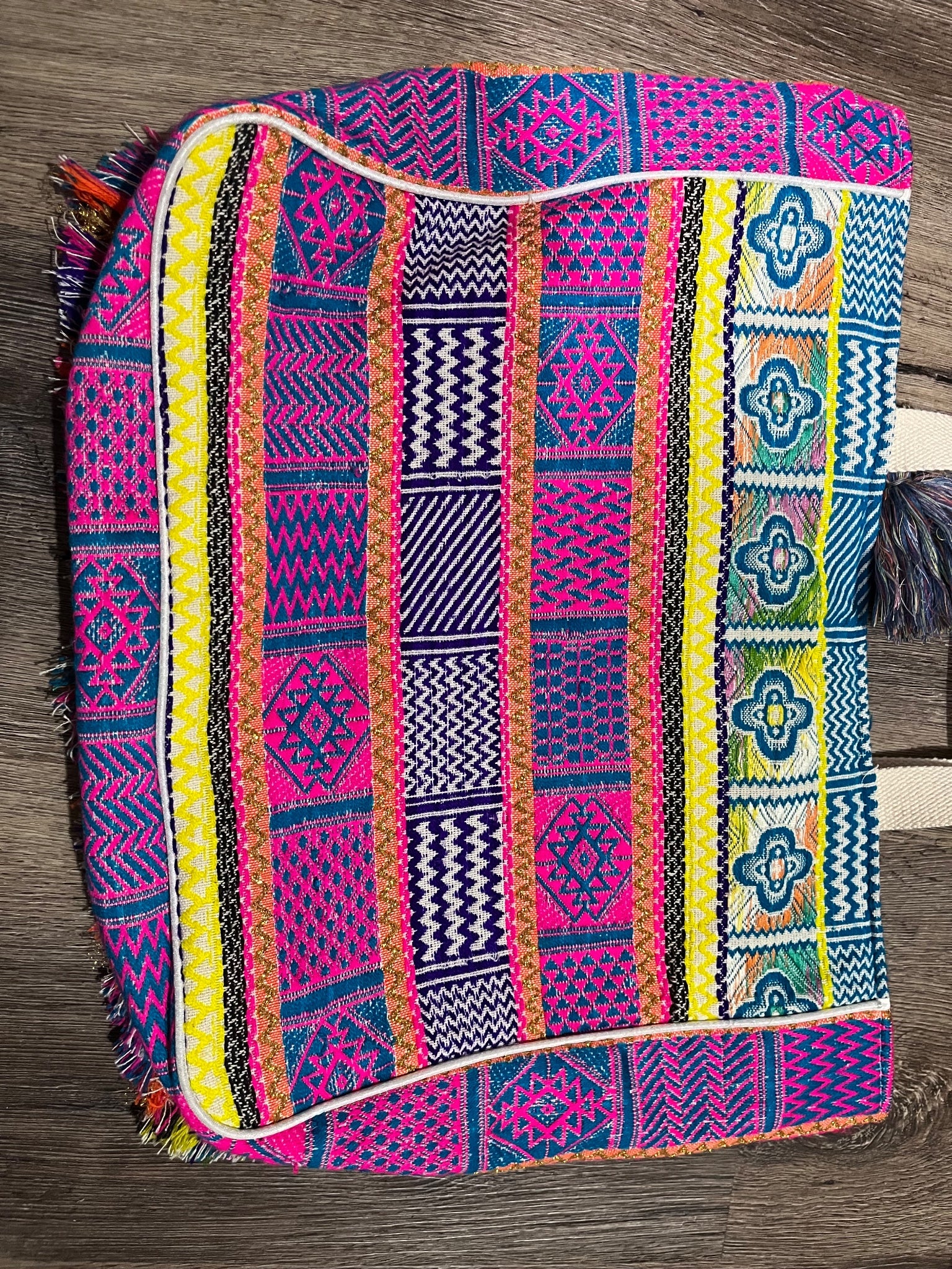 Boho Beaded Evil Eye Patchwork Tote Bag With Fringe - Image 4