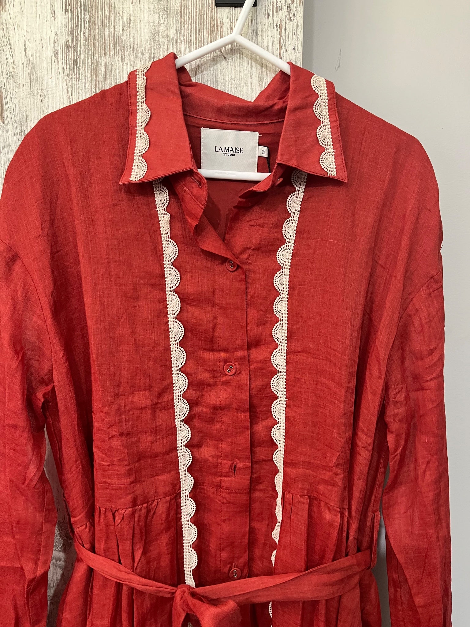 La Maise Studio Lyon Shirt Maxi Dress in Rust Red - Image 4