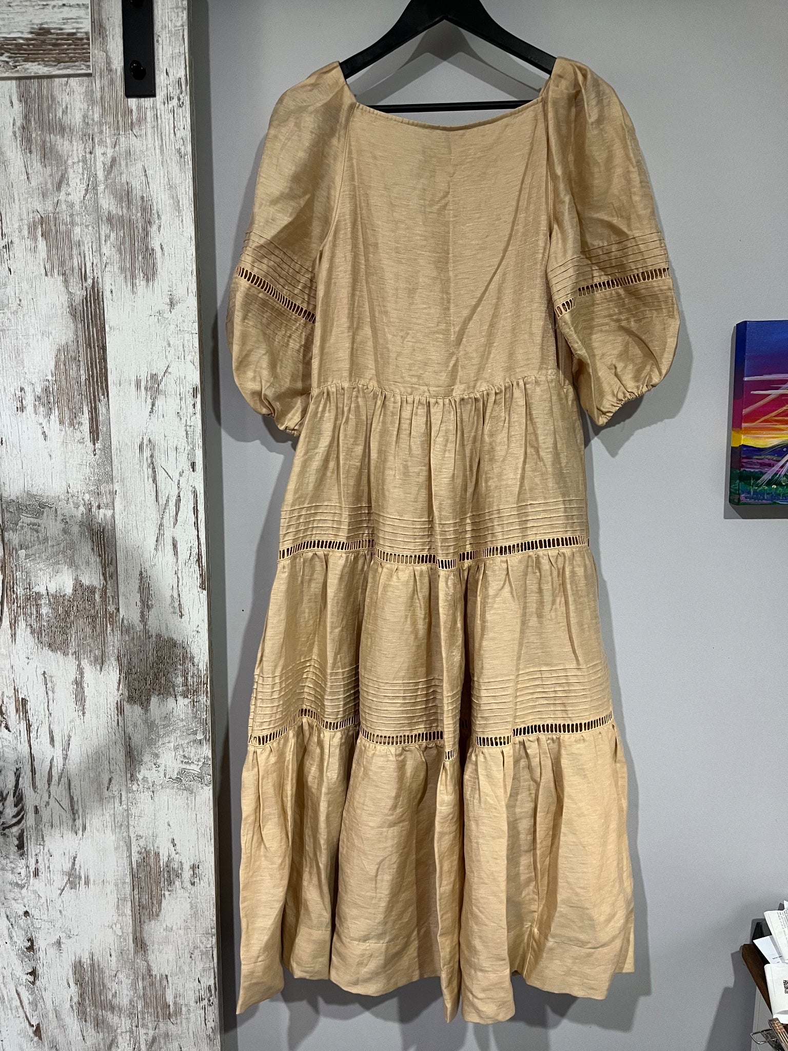 Shona Joy Pin Tuck Puff Sleeve Midi Dress Biscuit Size 6 - Image 4