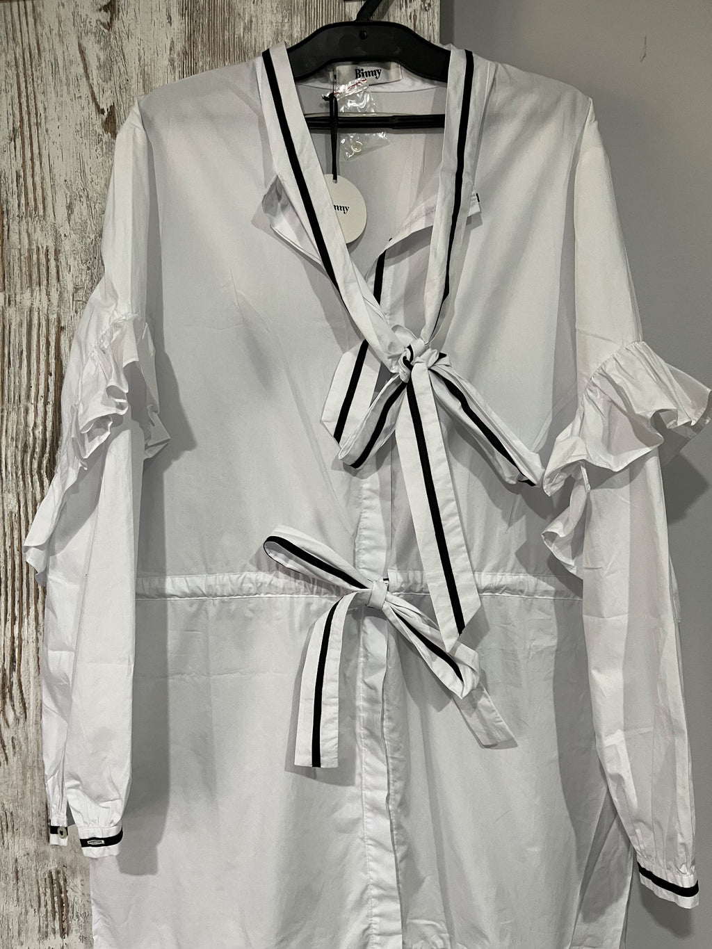 Binny White Cotton Shirt Dress With Black Striped Tie Detail Size 14 - Image 4