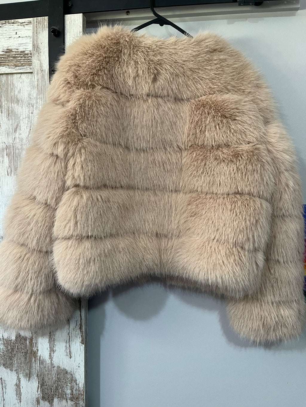 Women's Beige Faux Fur Shaggy Tiered Jacket - Image 4