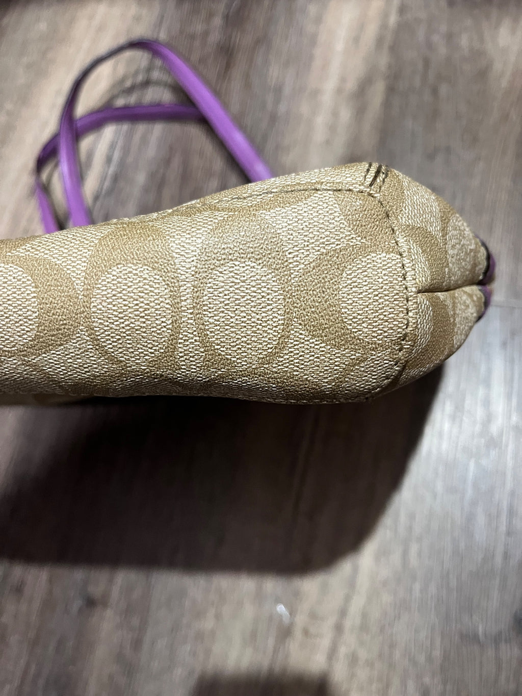 Coach Signature C Tote Bag Beige Purple Leather Trim - Image 4