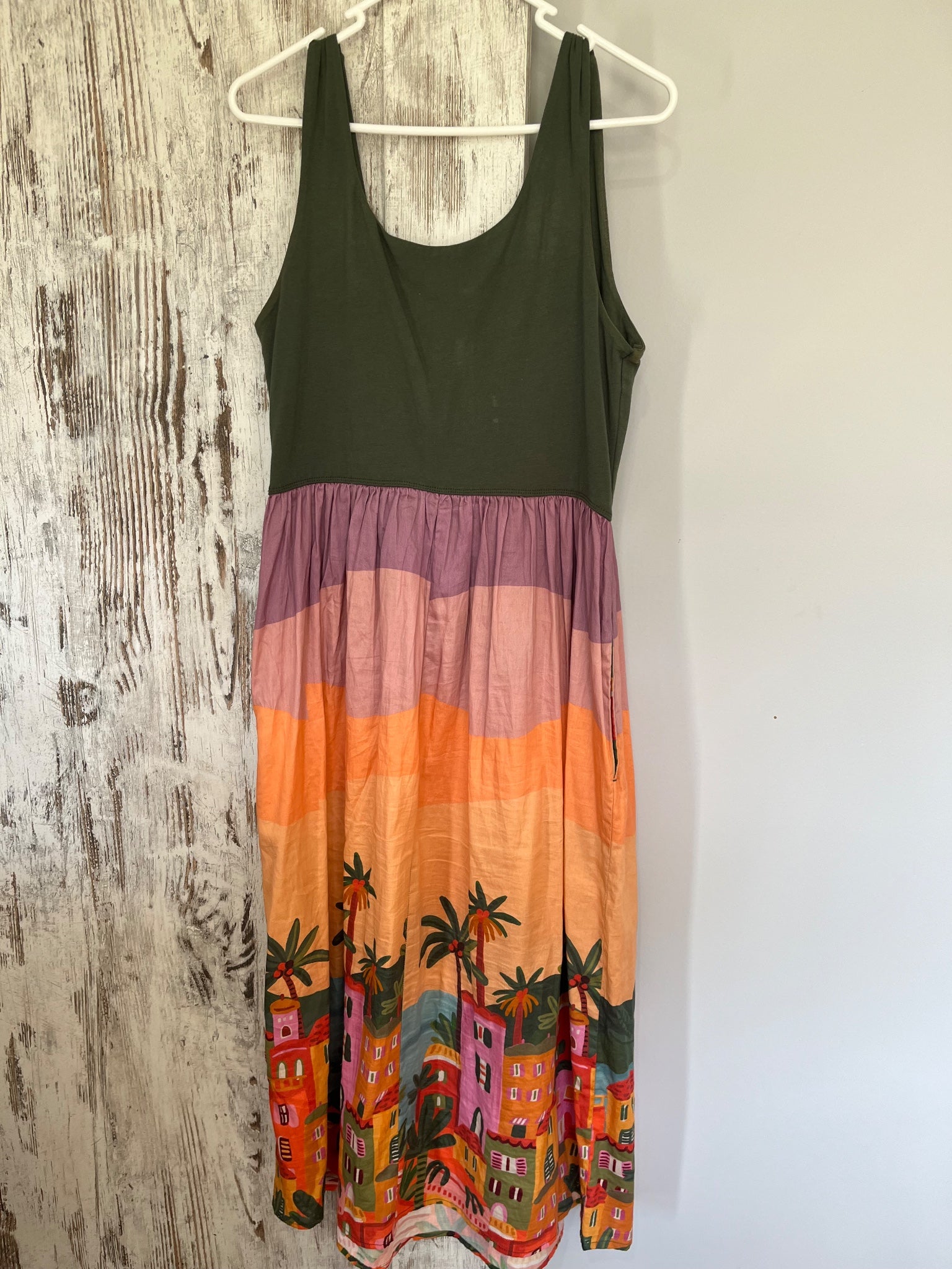 Peter Alexander Tropical Sunset Midi Dress Olive Green Size L - Image 4