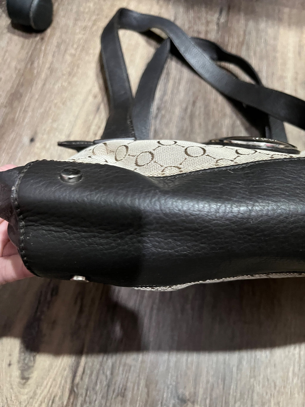 Oroton Black and Beige Logo Jacquard Shoulder Bag with Silver Hardware - Image 4