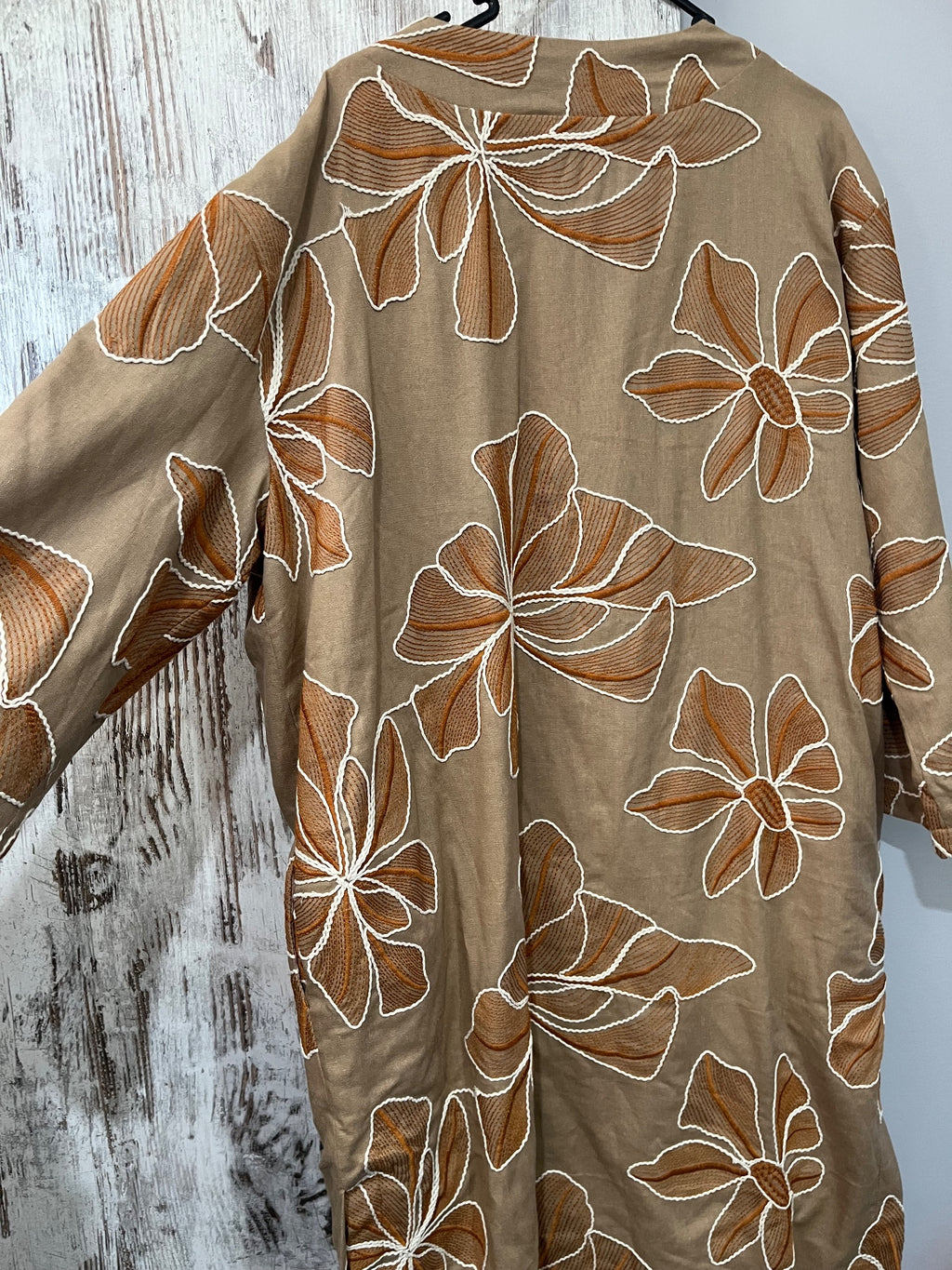 La Maise Tan Floral Embroidered Linen Blend Kimono Duster Cardigan - Image 5