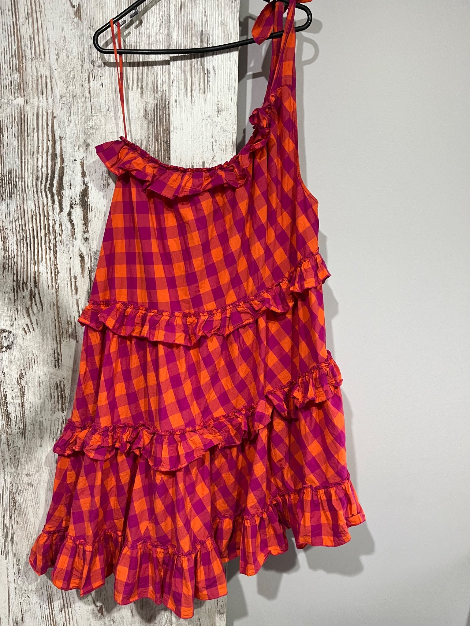 Gorman Pink & Orange Gingham One-Shoulder Tiered Mini Dress Size 12 - Image 5