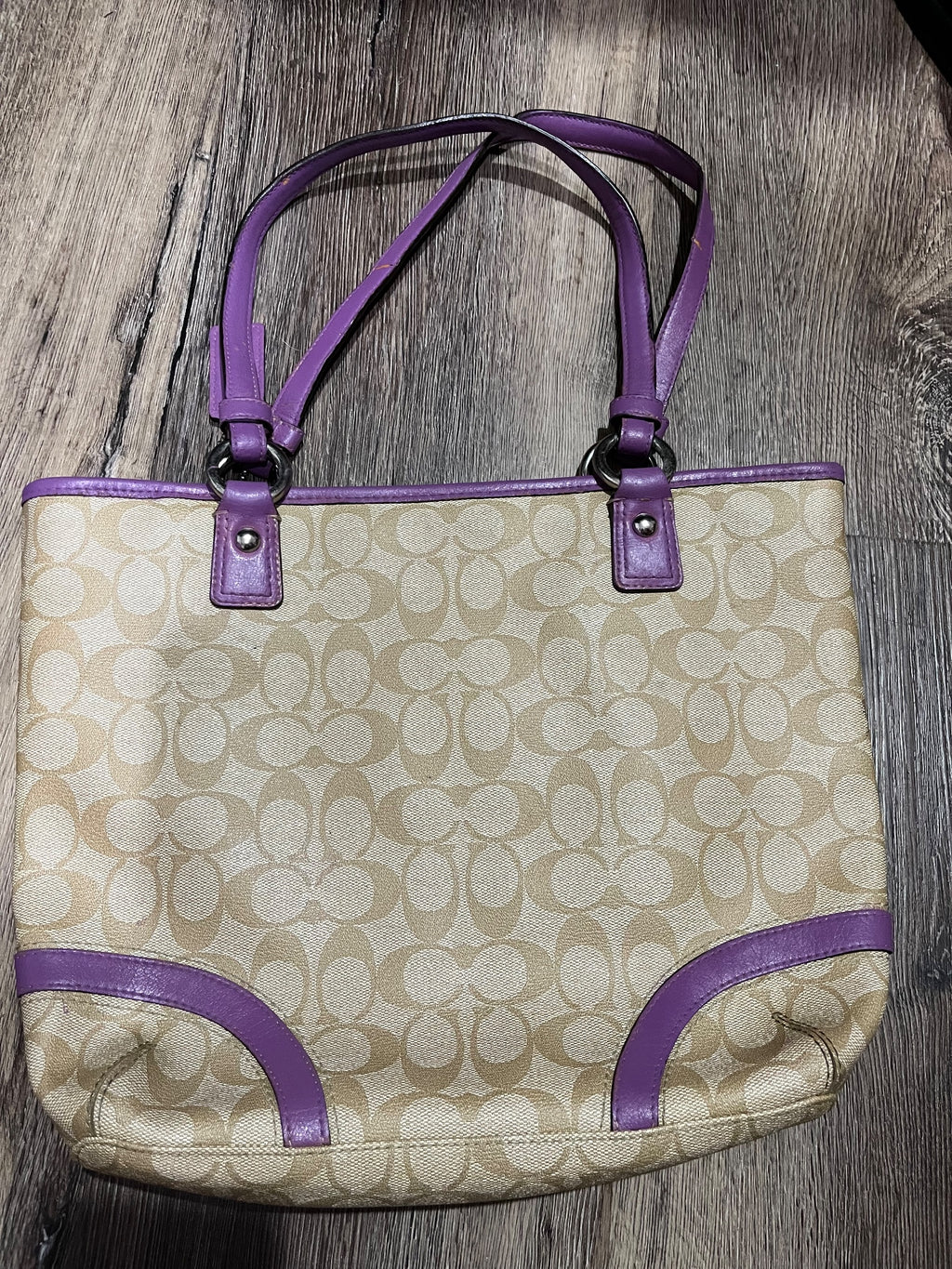 Coach Signature C Tote Bag Beige Purple Leather Trim - Image 5
