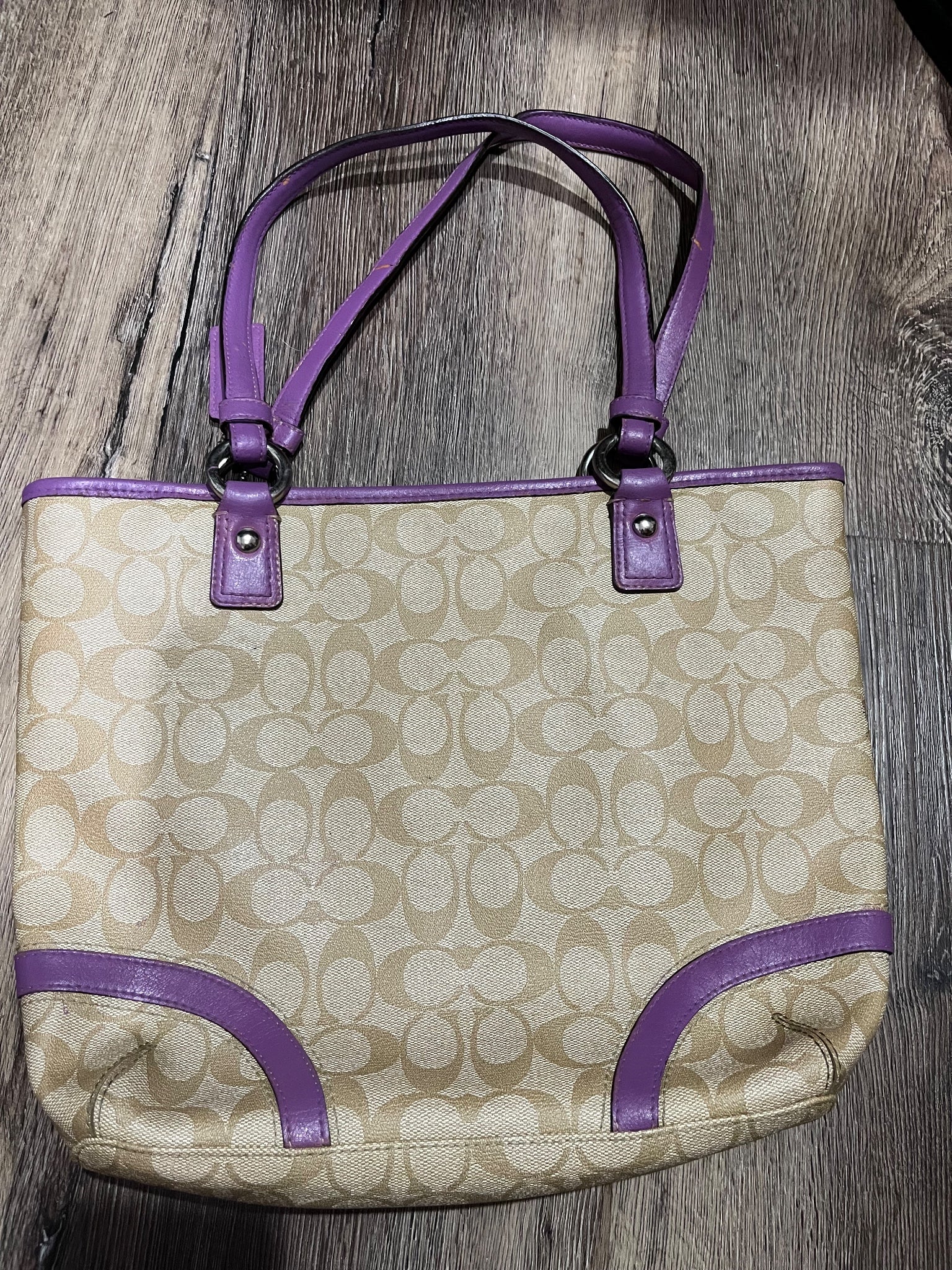 Coach Signature C Tote Bag Beige Purple Leather Trim - Image 5