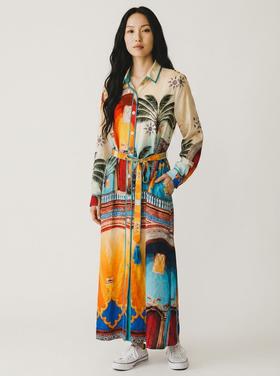 Hammock & Vine Tropical Palm Tree Print Button-Down Shirt Dress