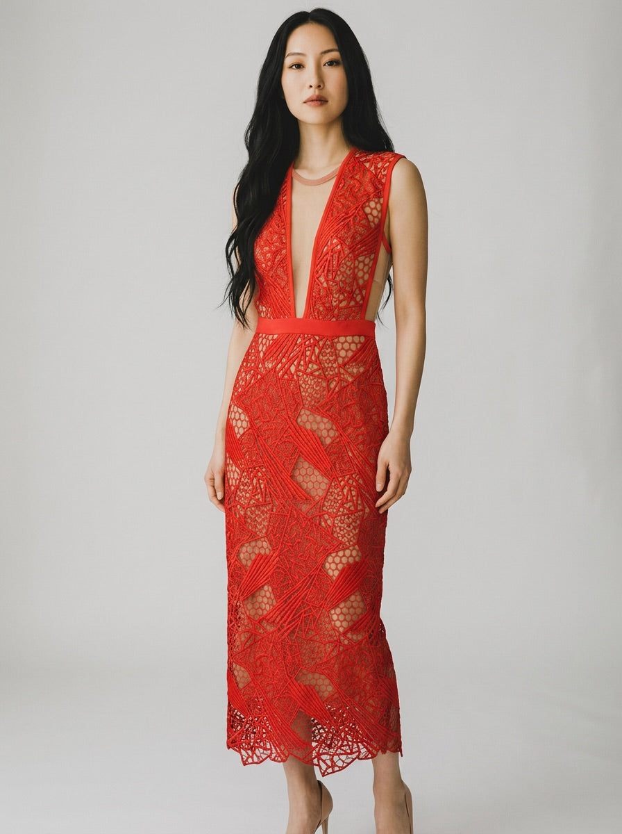 Manning Cartell Red Lace Midi Dress Size 8