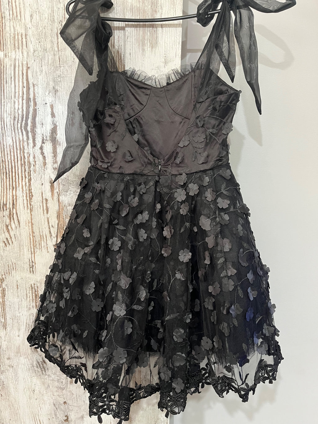 AURETTA Black 3D Floral Applique Corset Mini Dress With Tie Straps - Image 6