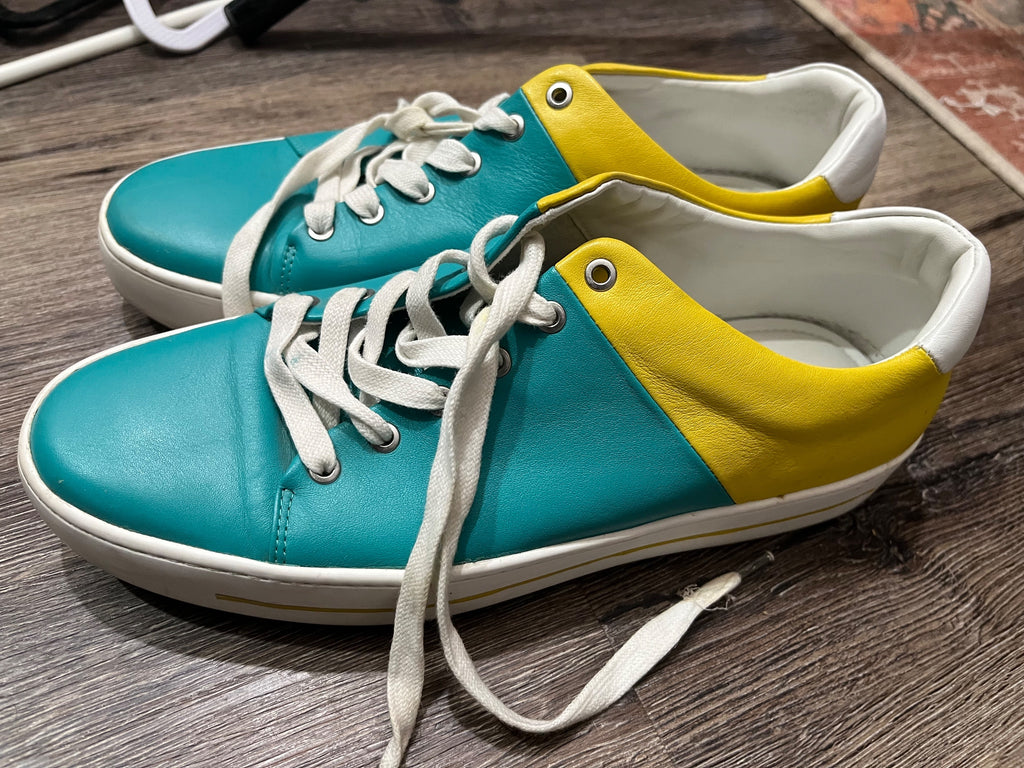 Shoes of Prey Custom Teal and Yellow Leather Sneakers - Image 6