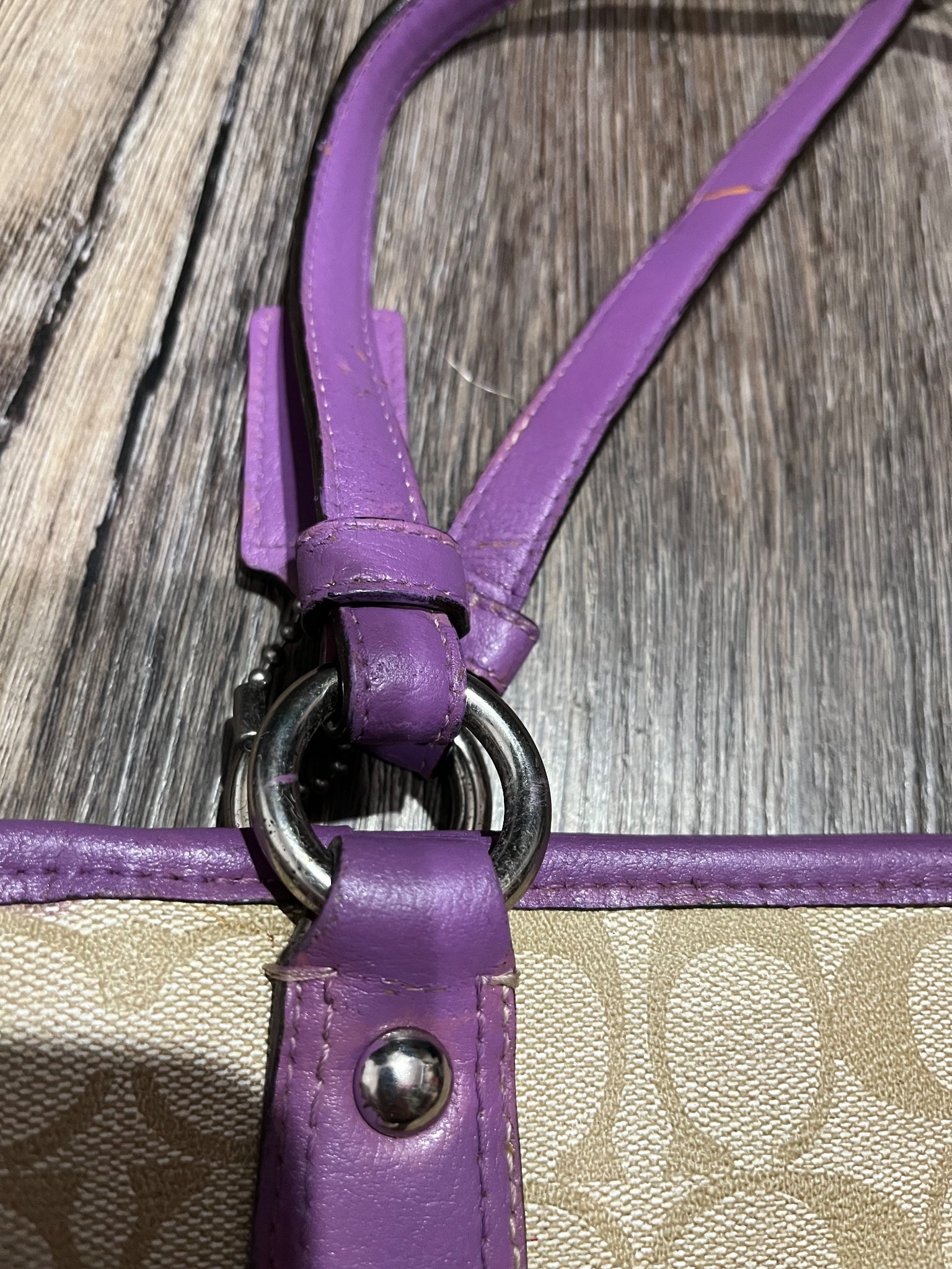 Coach Signature C Tote Bag Beige Purple Leather Trim - Image 6