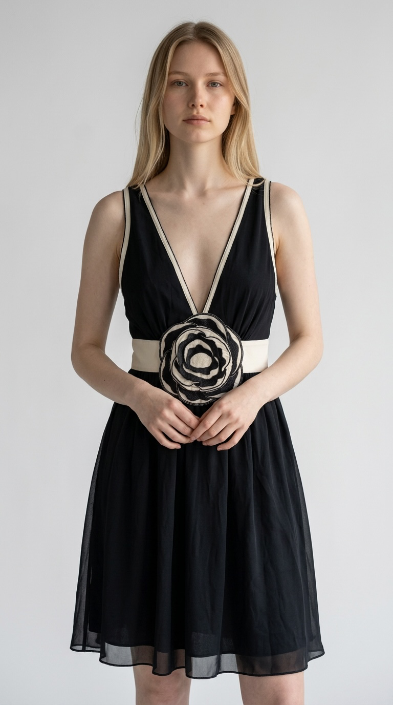Sass & Bide Black & White Silk Floral Applique Empire Waist Tunic dress