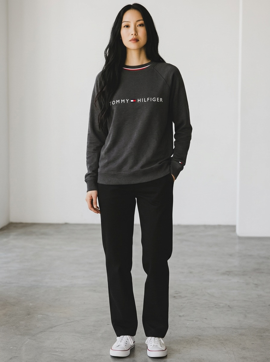 Tommy Hilfiger Black Embroidered Logo Crewneck Sweatshirt