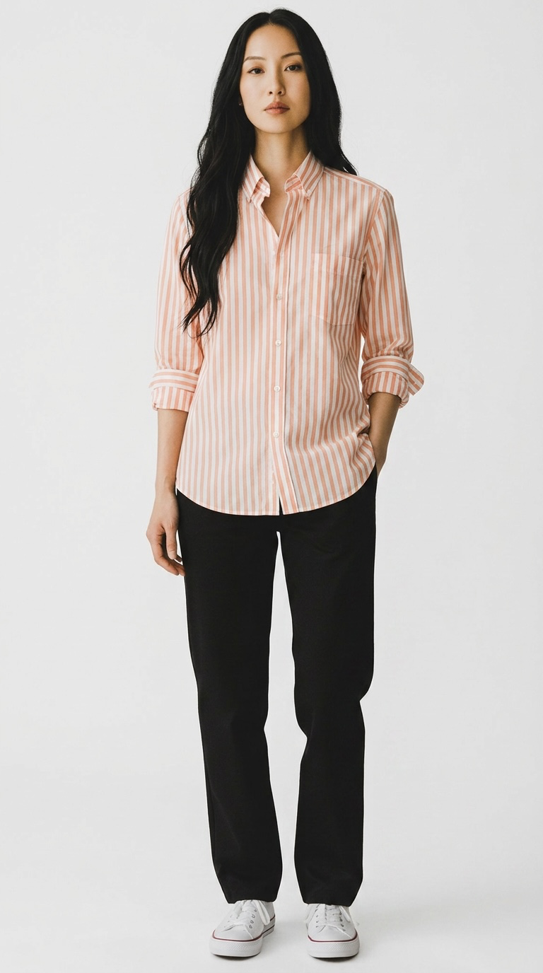 Reiss Women's Orange and White Striped Slim Fit Button-Down Shirt