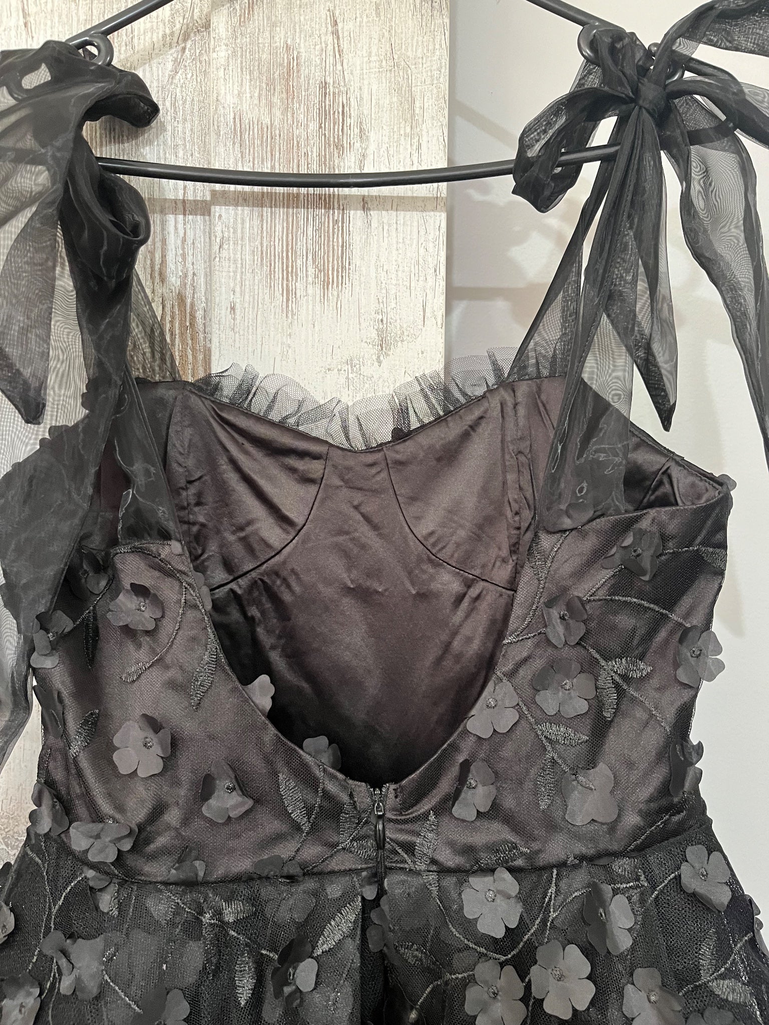 AURETTA Black 3D Floral Applique Corset Mini Dress With Tie Straps - Image 7