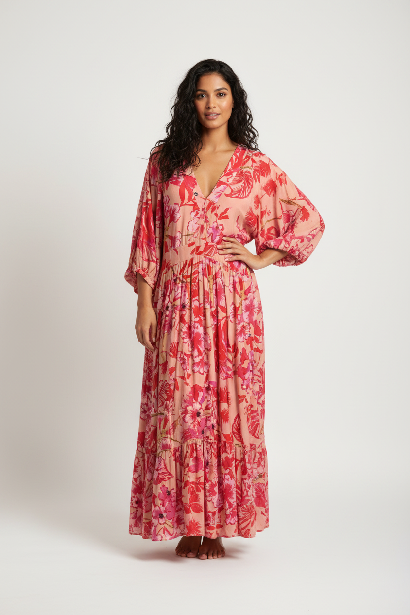 Onshore Floral V-Neck Tiered Maxi Dress