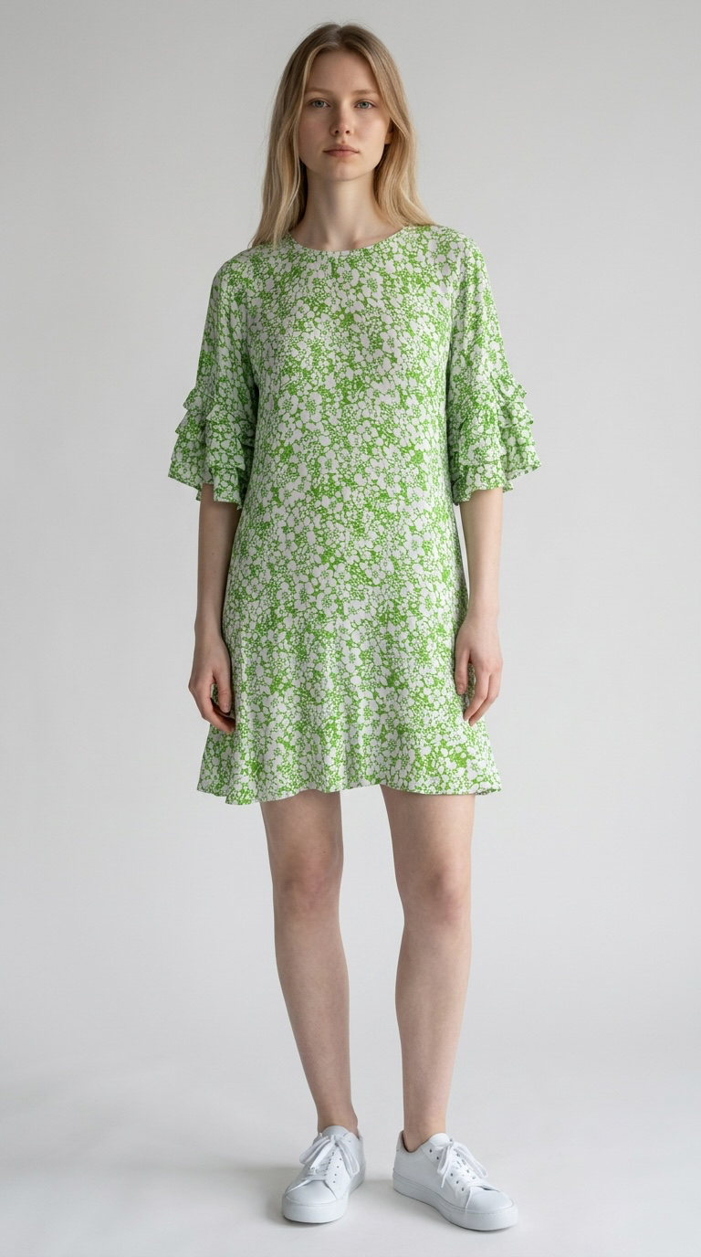 Faithfull the Brand Green Floral Ruffle Sleeve Dress