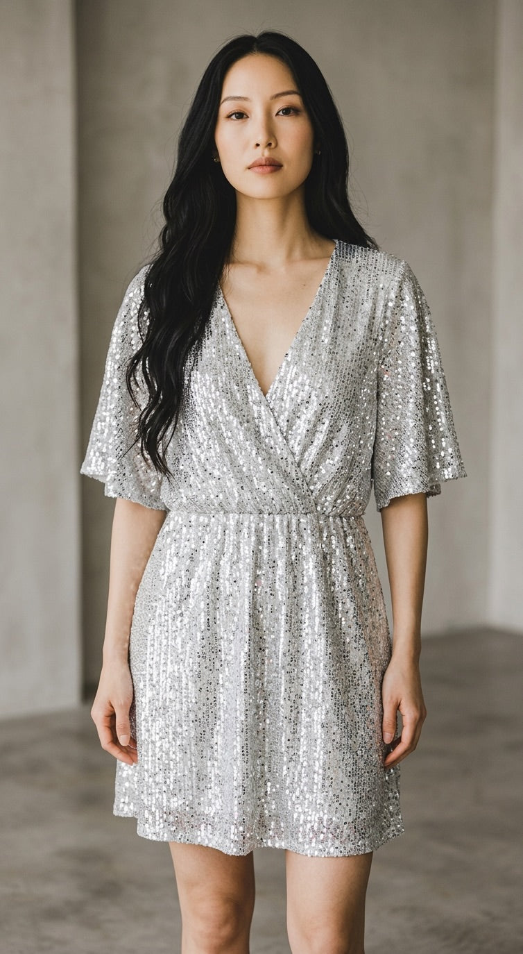 Tussah Frea Mini Dress Silver Sequin Flutter Sleeve V-Neck New With Tags size 14