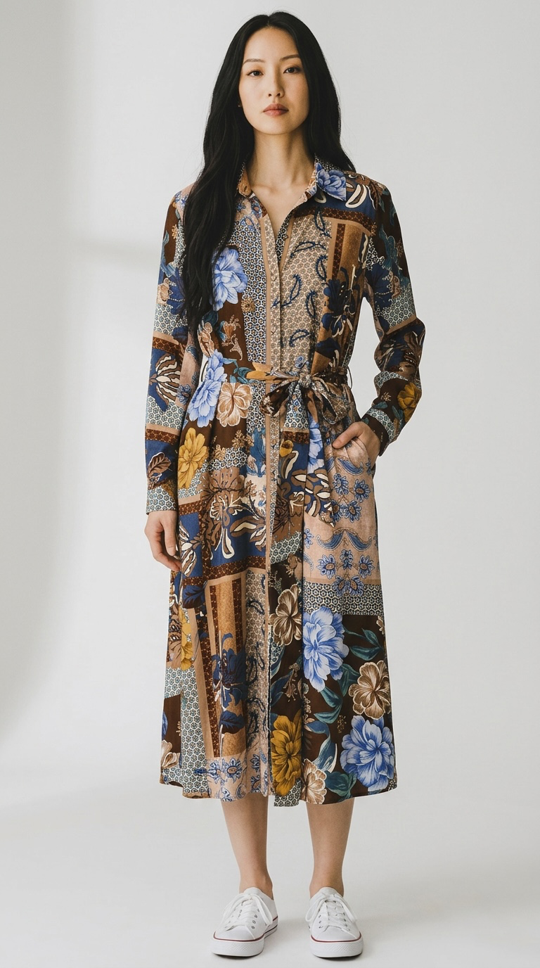 Talbots Mixed Print Long Sleeve Shirt Dress 8