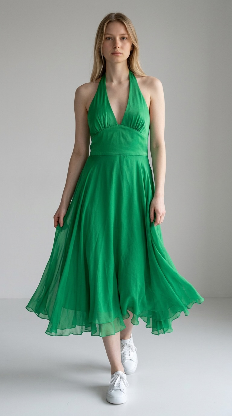 Alex Perry Green Halter Neck Chiffon A-Line Dress
