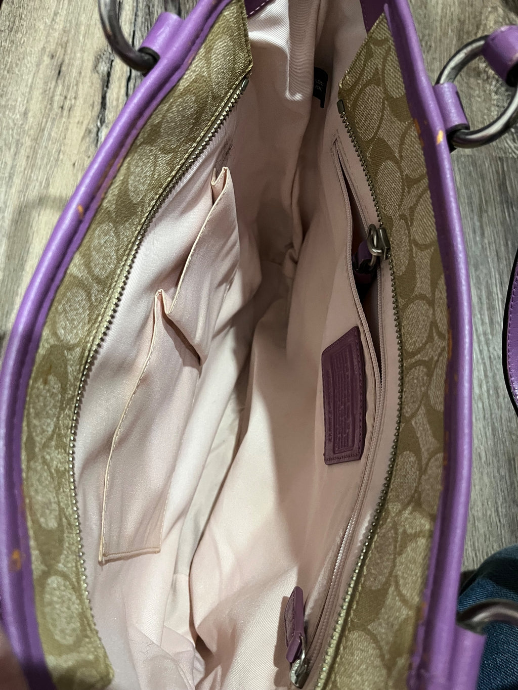 Coach Signature C Tote Bag Beige Purple Leather Trim - Image 8