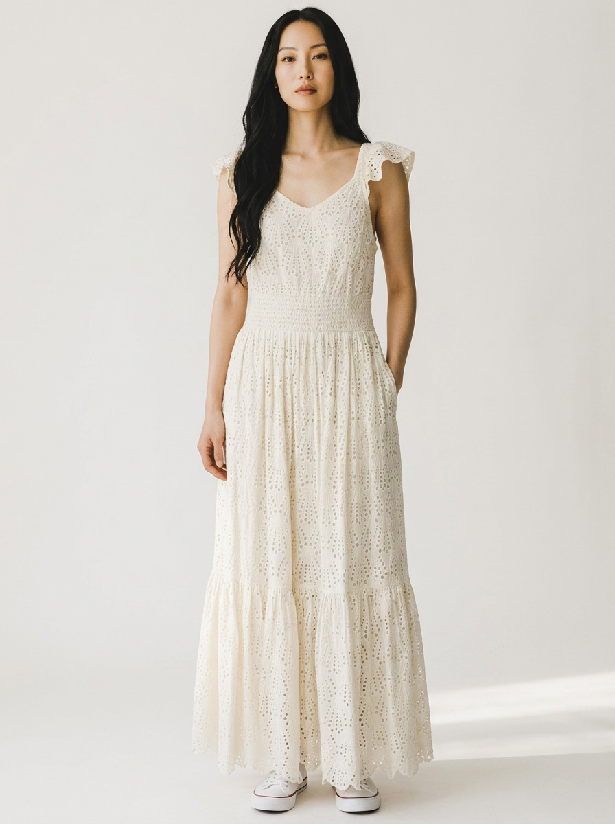 Something 4 Oliva White Eyelet Flutter Sleeve Maxi Dress