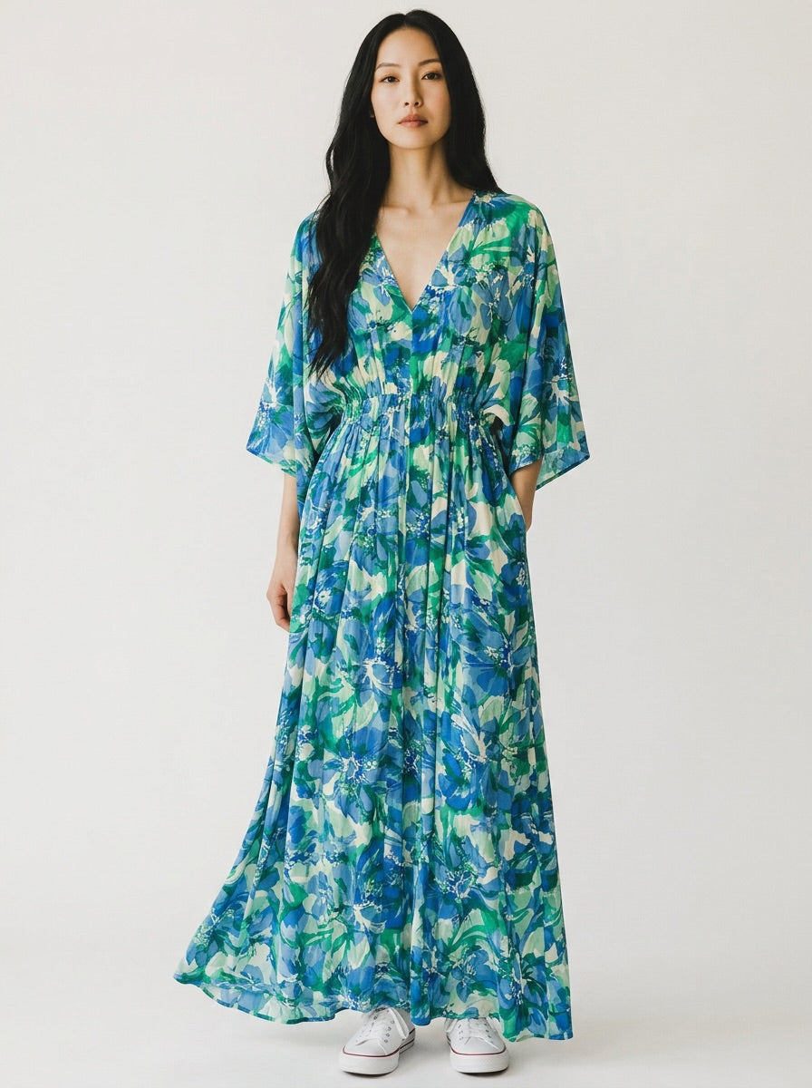 Haven Blue And Green Floral Kaftan Maxi Dress