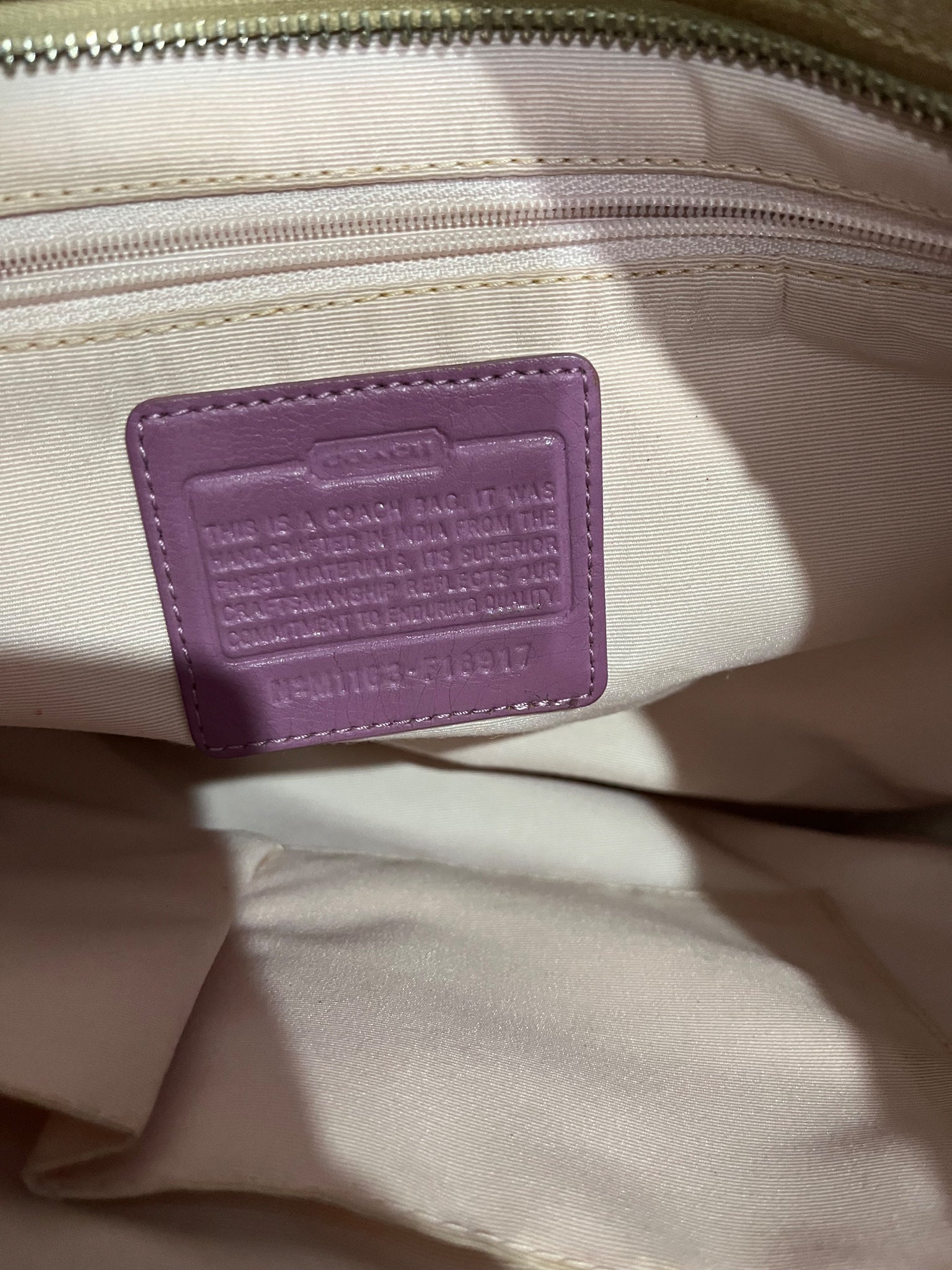 Coach Signature C Tote Bag Beige Purple Leather Trim - Image 9