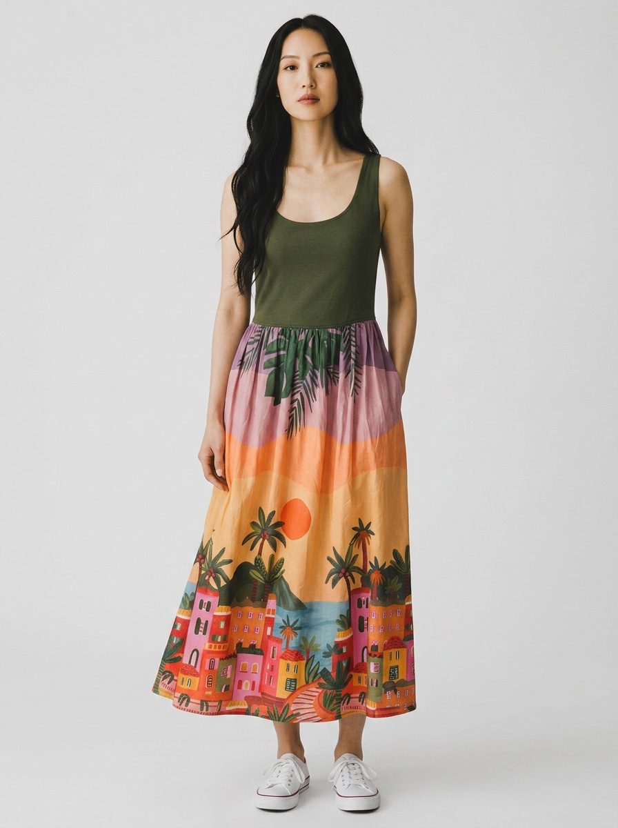 Peter Alexander Tropical Sunset Midi Dress Olive Green Size L
