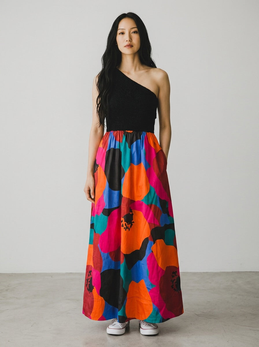 AERE One-Shoulder Textured Organic Cotton Floral Maxi Dress