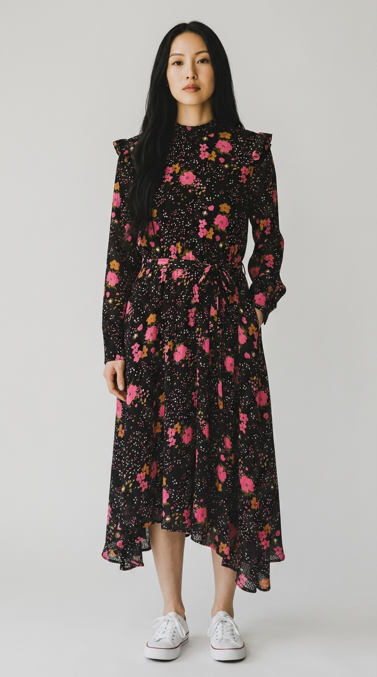 YAS Black Floral Pleated Georgette Dress